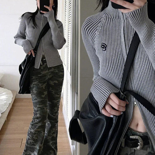 Load image into Gallery viewer, Autumn Double Zip Up Ribbed Cardigan Jackets Women Embroidery Knitted Sweater Slim Stand Collar Y2k Harajuku Grunge Knit
