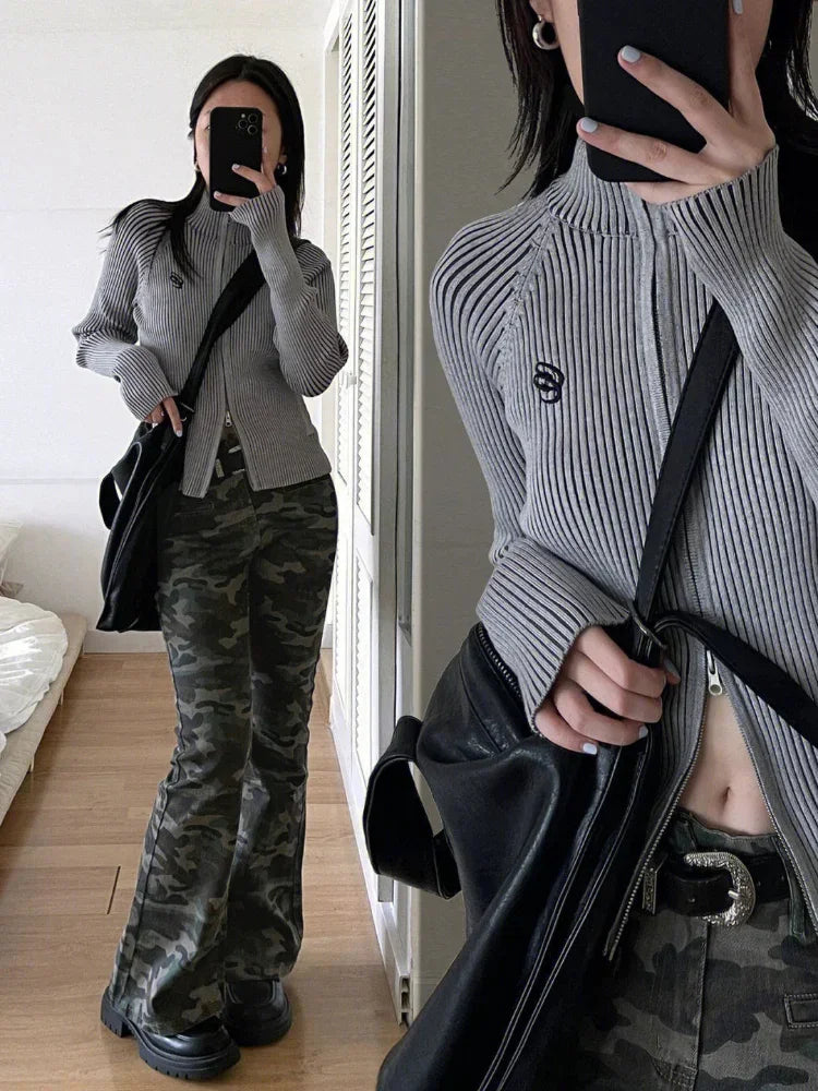 Autumn Double Zip Up Ribbed Cardigan Jackets Women Embroidery Knitted Sweater Slim Stand Collar Y2k Harajuku Grunge Knit