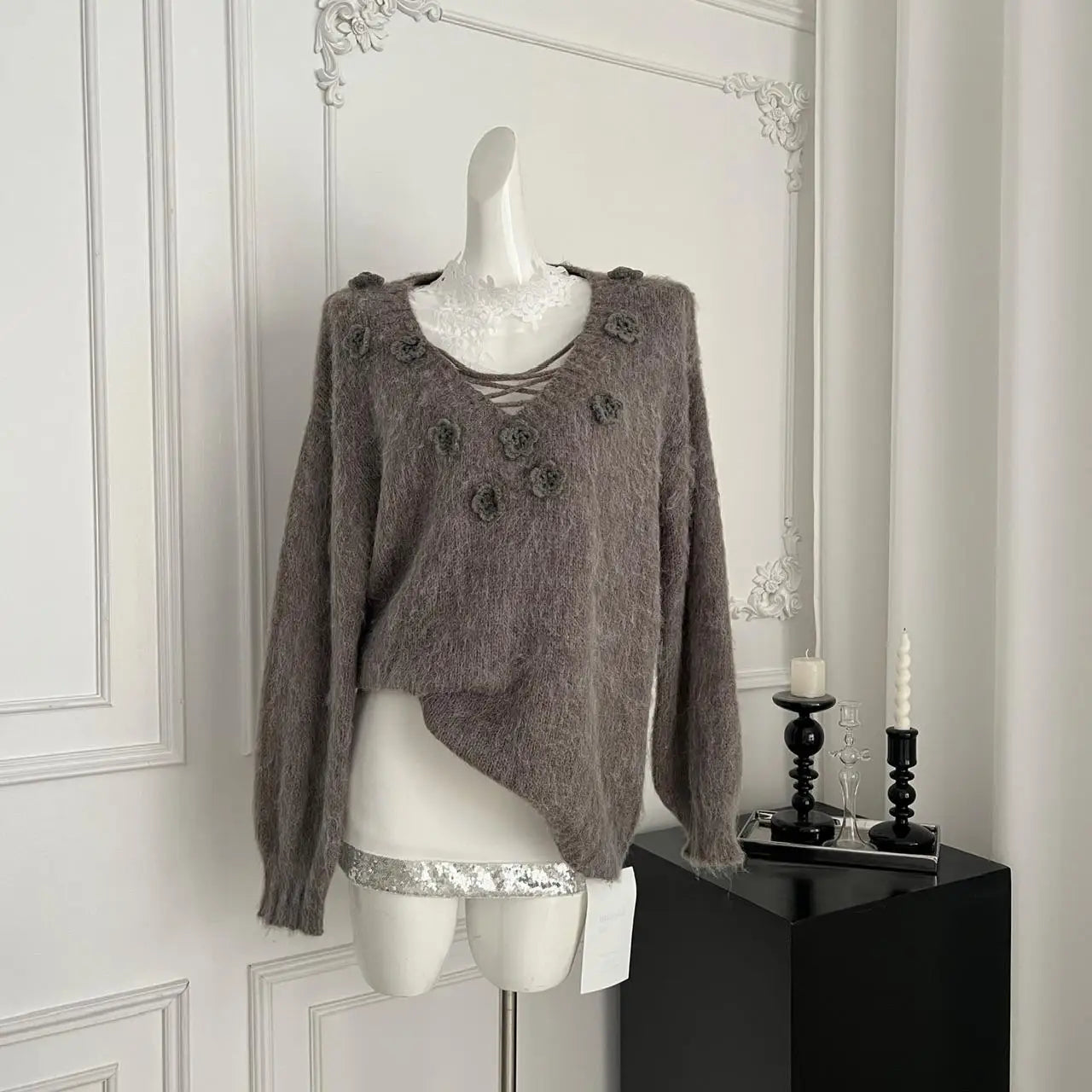 French Women Purple Long Sleeve Knitted Pullover V-neck Fashion Sweater Autumn Winter Grey Flower Decorate Tops 2025 Clothing