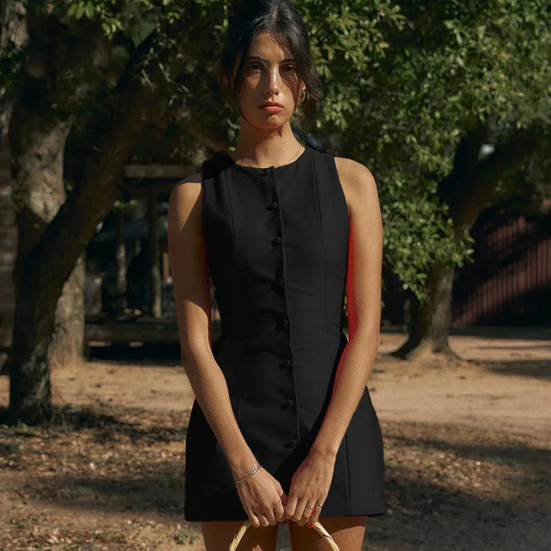 Fashion Sleeveless Sexy Mini Dress For Women New O Neck Single-btrasted Bodycon Club Party Tank Dress Femme Clothes