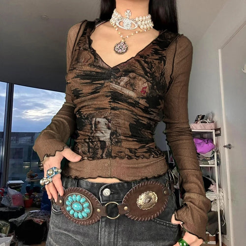 Load image into Gallery viewer, Grunge Fairycore y2k Women Tee Shirts Graphic Printed Ruched Vintage Top Slim Long Sleeve 2000s Aesthetic T shirt New
