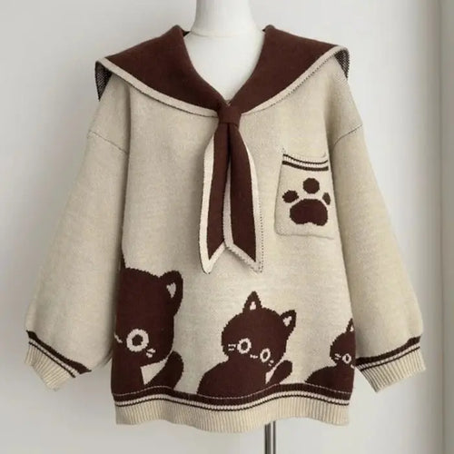 Load image into Gallery viewer, Preppy Style Grunge Kawaii Cute Cat Jacquard Sweaters Women Y2k Aesthetic Casual Loose Jumpers Autumn Contrast Color Pullovers
