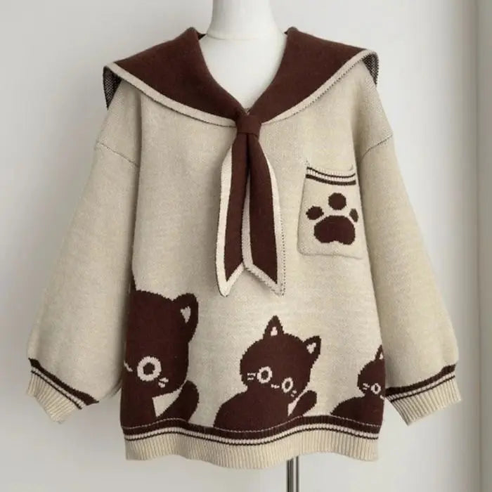 Preppy Style Grunge Kawaii Cute Cat Jacquard Sweaters Women Y2k Aesthetic Casual Loose Jumpers Autumn Contrast Color Pullovers