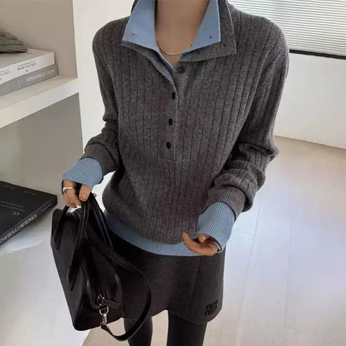 Load image into Gallery viewer, Autumn Winter Black Patchwork Long Sleeve Knit Pullovers Tops Vintage Women Grey Single Breasted Sweater Trend Streetwear Casual
