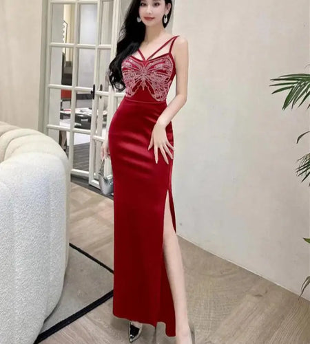 2024 Summer Women Solid Diamond Sexy Birthday Evening Long Dress Elegant Party Fashion Backless Pleated Wrap Hip Split Dress New