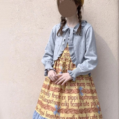 Load image into Gallery viewer, Japanese Kawaii Lolita Cardigan Women Vintage Lantern Sleeve Thin Ruffle Sweater Coat Knitted Kardigany Girls Cute Tops
