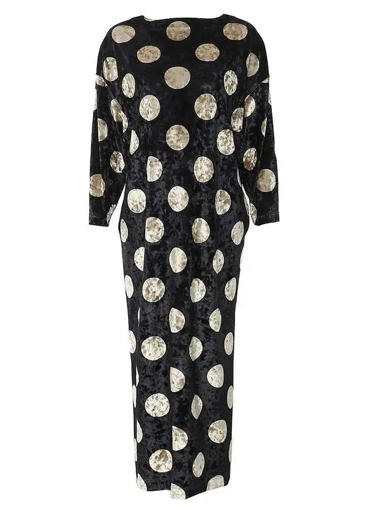 Women Black Dot Velvet Big Size Elegant Dress New Round Neck Long Sleeve Loose Fit Fashion Tide Spring Autumn 2025 1DH2819
