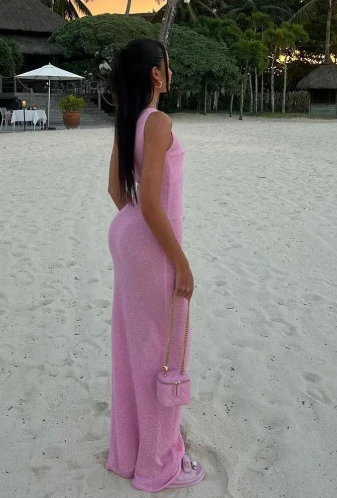 Sleeveless Twisted Long Maxi Dresses Summer 2024 Knitted Pink White Dress Women Elegant Vacation Outfits C92-DF29