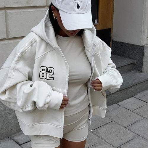 Load image into Gallery viewer, Casual Loose Hooded Autumn Jacket for Female Digital Embroidery Sporty Hoodies Coat Zip-Up Pockets Korean Basic White
