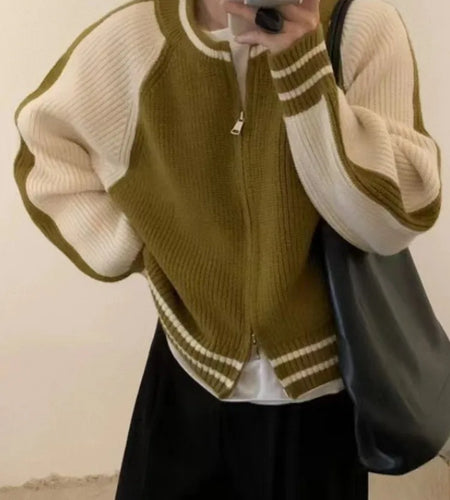 Y2k Aesthetic Knitted Cardigan Vintage Streetwear Dual Zippers Jacket Women Contrast Color Patchwork Harajuku Loose Sweater Coat