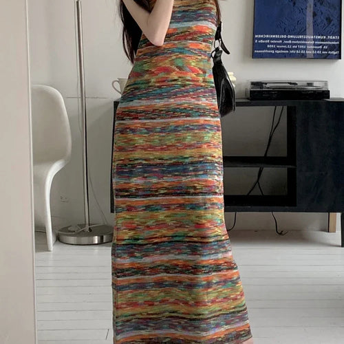 Load image into Gallery viewer, Colorful Stripes Slim Knitting Strapless Women&#39;s Dresses French Style O-neck Elegant Summer Female Dress Casual Dresses
