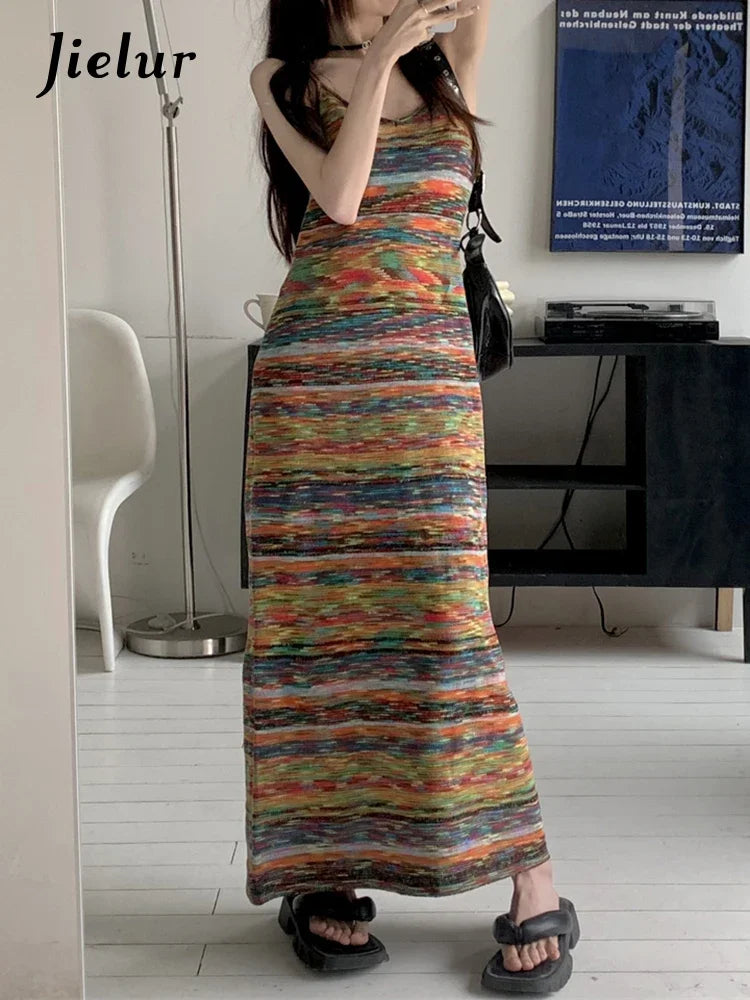 Colorful Stripes Slim Knitting Strapless Women's Dresses French Style O-neck Elegant Summer Female Dress Casual Dresses