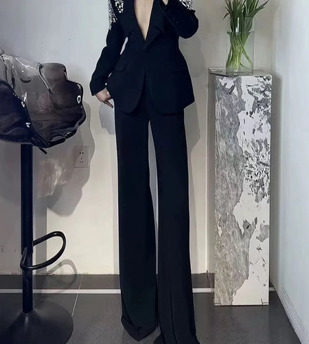 Temperament Two Piece Sets for Women Lapel Long Sleeves Spliced Bead Blazer High Waist Pant Elegant Set Female New