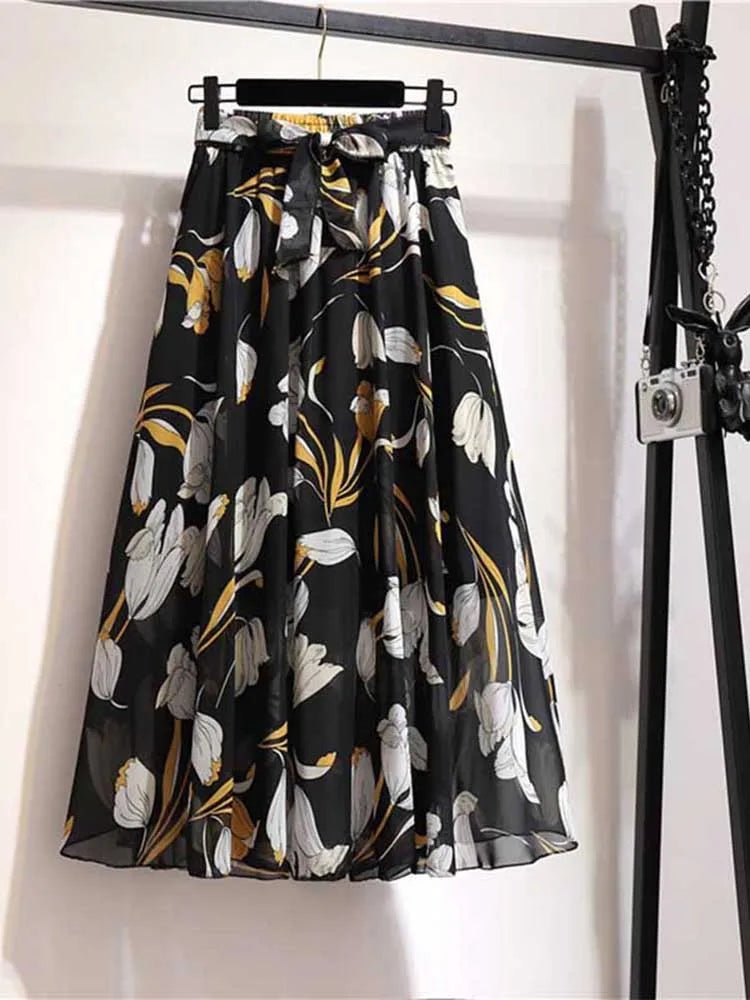 Long Skirt Women For 2024 Spring Summer Lady Korean Style White Black Chiffon Sun School High Waist Midi Skirt Female