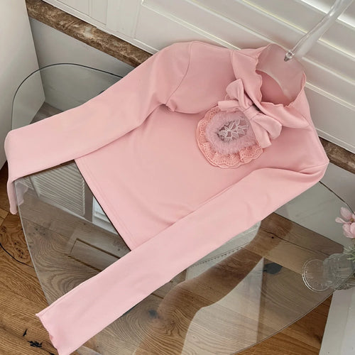 Load image into Gallery viewer, Vintage New 2024 Women's Autumn White Lace Bow Holiday Short T Shirt Pink Elegant Long Sleeve Slim Bottom Tops Fashion Versatile
