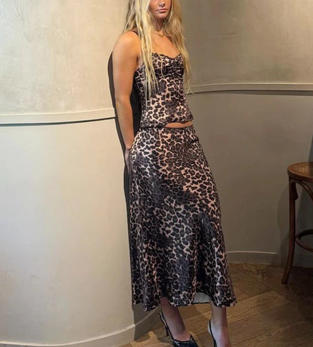 Leopard Print 2 Pcs Sets Patchwork Draped Bow Sexy Crop Camis Maxi Skirt Summer Women Fashion Clothes Beach Festival