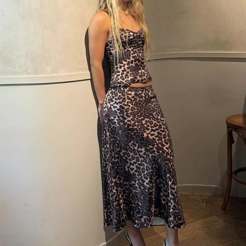 Load image into Gallery viewer, Leopard Print 2 Pcs Sets Patchwork Draped Bow Sexy Crop Camis Maxi Skirt Summer Women Fashion Clothes Beach Festival
