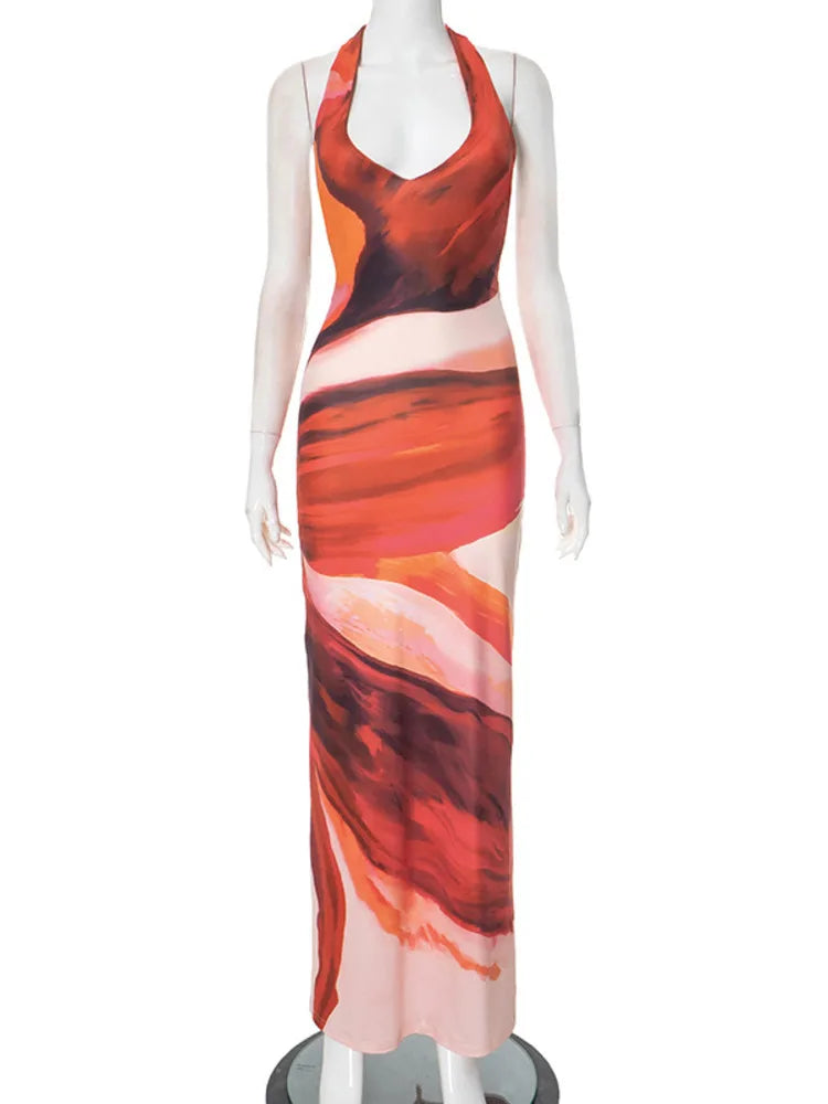 Halter Deep V Neck Print Sexy Maxi Dress For Women Fashion Lace-up Sleeveless Backless Bodycon Printed Long Dress