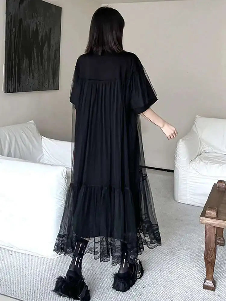 Women Black Mesh Spliced  Elegant Big Size Midi Dress New Round Neck Short Sleeve Fashion Tide Spring Summer 2025 1DH5056
