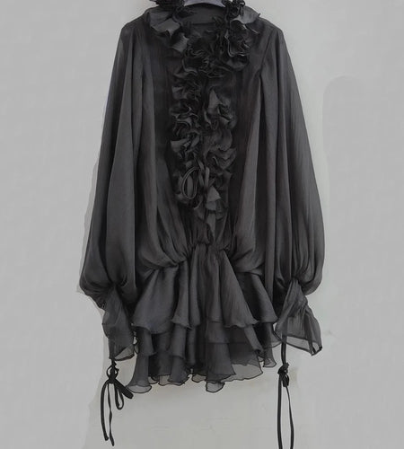 Solid Spliced Appliques Loose Dresses For Women V Neck Long Sleeve High Waist Temperament Mini Dress Female Fashion