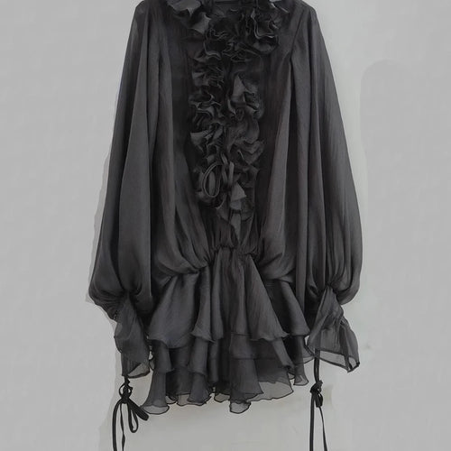 Load image into Gallery viewer, Solid Spliced Appliques Loose Dresses For Women V Neck Long Sleeve High Waist Temperament Mini Dress Female Fashion
