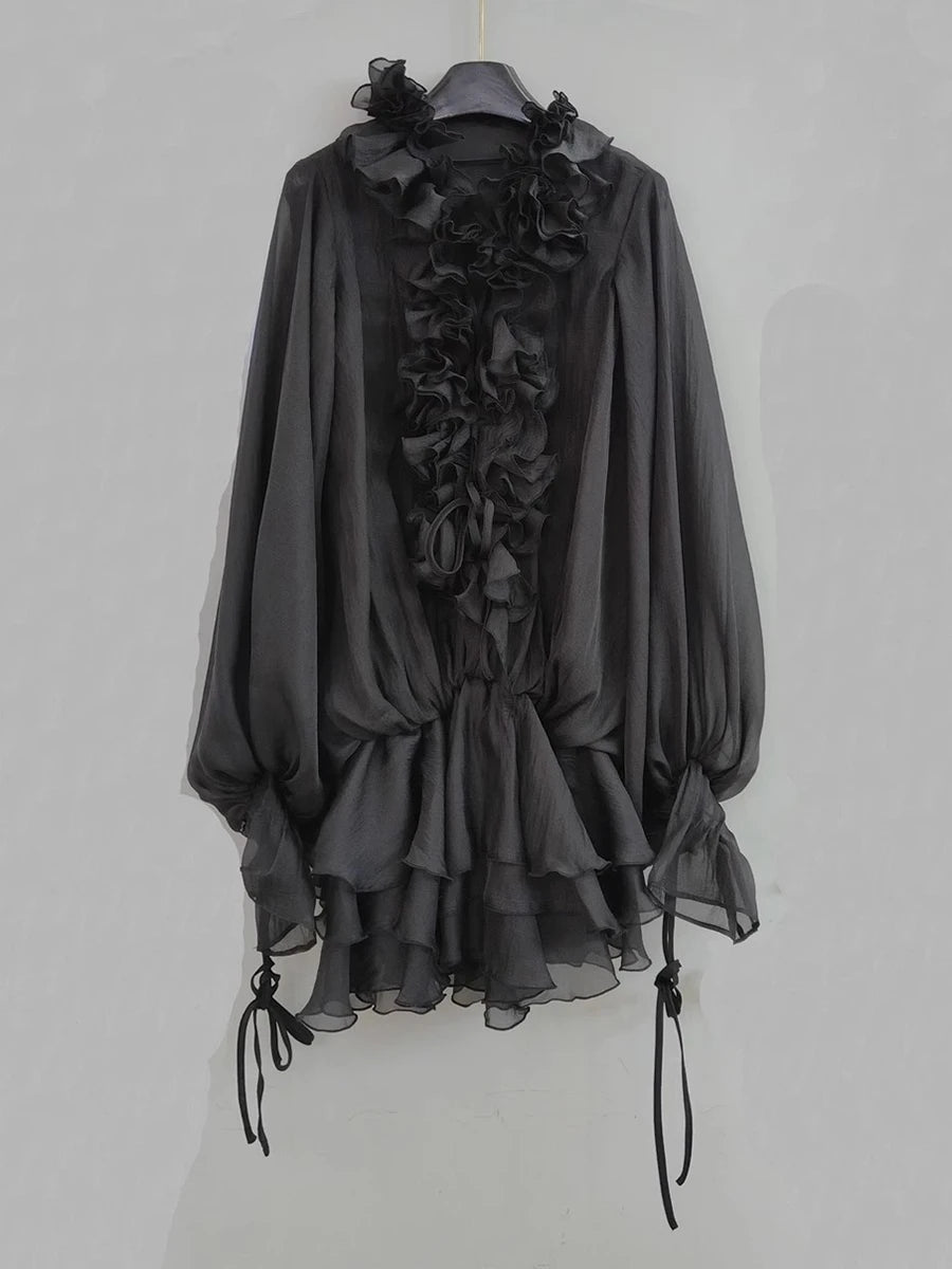 Solid Spliced Appliques Loose Dresses For Women V Neck Long Sleeve High Waist Temperament Mini Dress Female Fashion