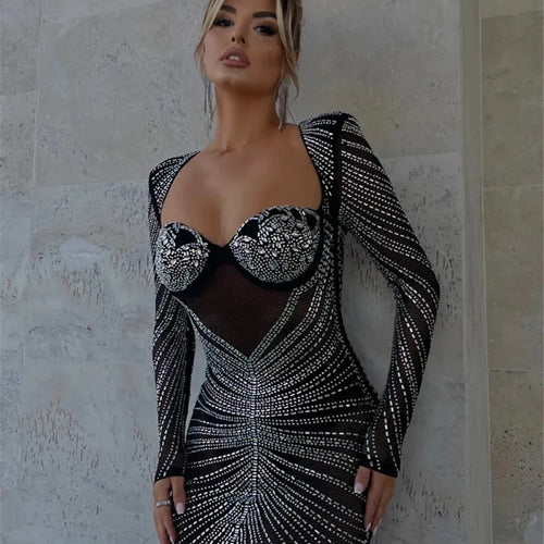 Load image into Gallery viewer, Glitter Mesh See Through Party Maxi Dress For Women Fashion Full Sleeve Bodycon Sexy Club Long Evening Dress Vestido
