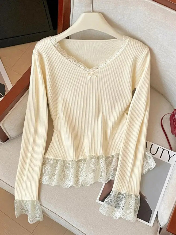 Korean Autumn Winter Sweet Patchwork Elegant Pullover Short Sweater Women's 2024 New V Neck Long Sleeved Knitted Tops Streetwear