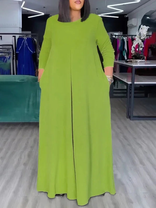 Summer Fashion Afican Loose Soild Color JumpSuits for Women with Pockets Round-Neck Wide Leg Pants Jumpsuit Female