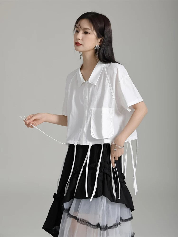 Patchwork tassel shirts for women lapel short sleeve spliced button casual solid blouse female fashion clothing