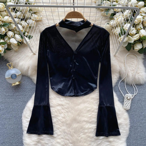 Load image into Gallery viewer, Vintage Solid Sexy Slim High Quality T Shirt Women Elegant Short Tops Spring Autumn Club Party Flared Long Sleeve Tee Shirt Chic
