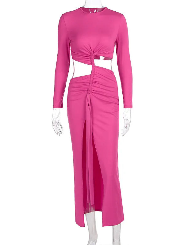 Elegant Long Sleeved Irregular Bodycon Party Evening Dress Women 2025 Winter New Temperament Pleated High Slit Vestido