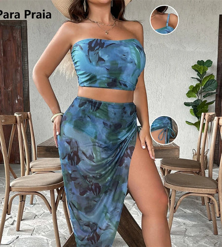 XL-3XL Sexy Tie Dye Bandeau Three Pieces Swimsuit with Skirt 2024 High Waist Swimwear Women Biquini Beachwear