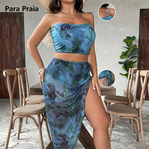 Load image into Gallery viewer, XL-3XL Sexy Tie Dye Bandeau Three Pieces Swimsuit with Skirt 2024 High Waist Swimwear Women Biquini Beachwear
