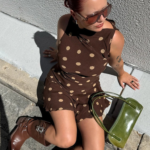 Load image into Gallery viewer, Sleeveless Polka Dot Dress For Woman Fashion Brown Print Mesh O Neck Ruched Mini Dress Elegant Irregular Dresses
