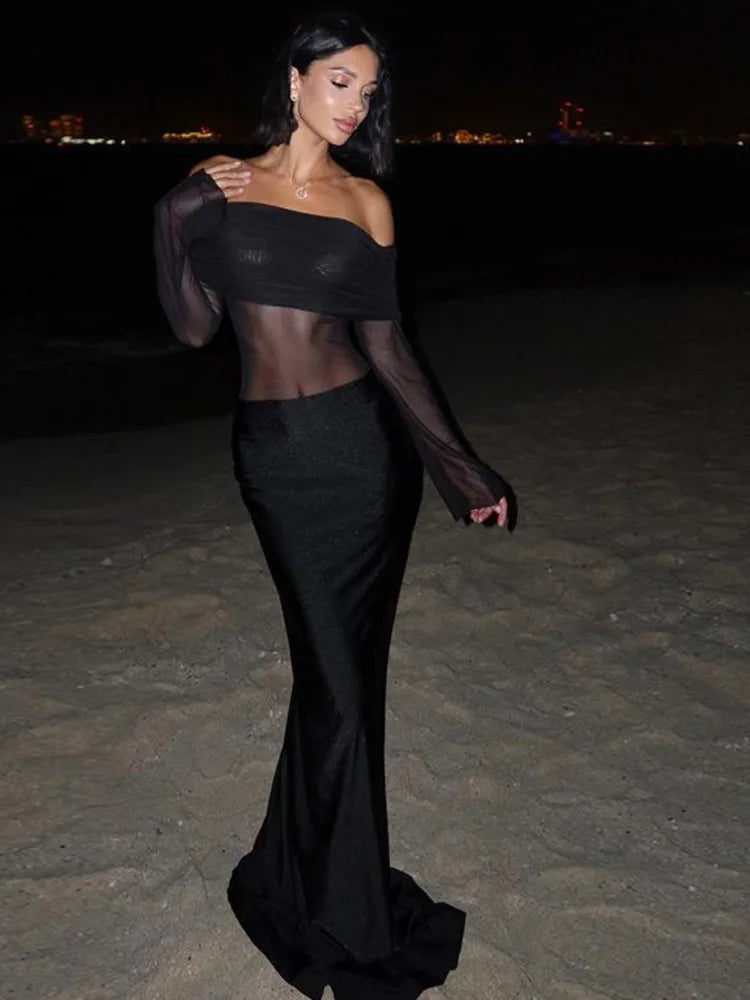 Elegant Mesh Off Shoulder Bodycon Party Club Evening Dress For Women Spring2025 New Long Sleeve Sexy Perspective Vestido