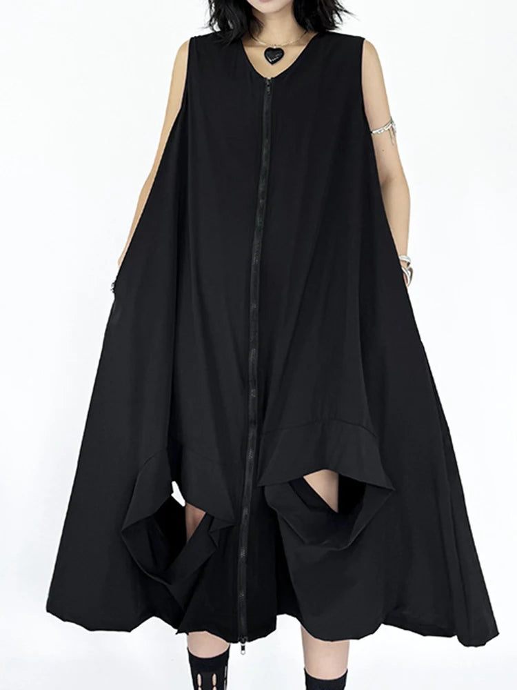 Women Black Zipper Hollow Out Big Size A-line Vest Dress New V-Neck Sleeveless Fashion Tide Spring Summer 2025 1DJ1410