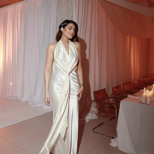 Load image into Gallery viewer, Satin Deep V Neck Backless Sexy Maxi Dress Women Elegant Halter Sleeveless Lace-up High Waist Draped Ruched Long Dress
