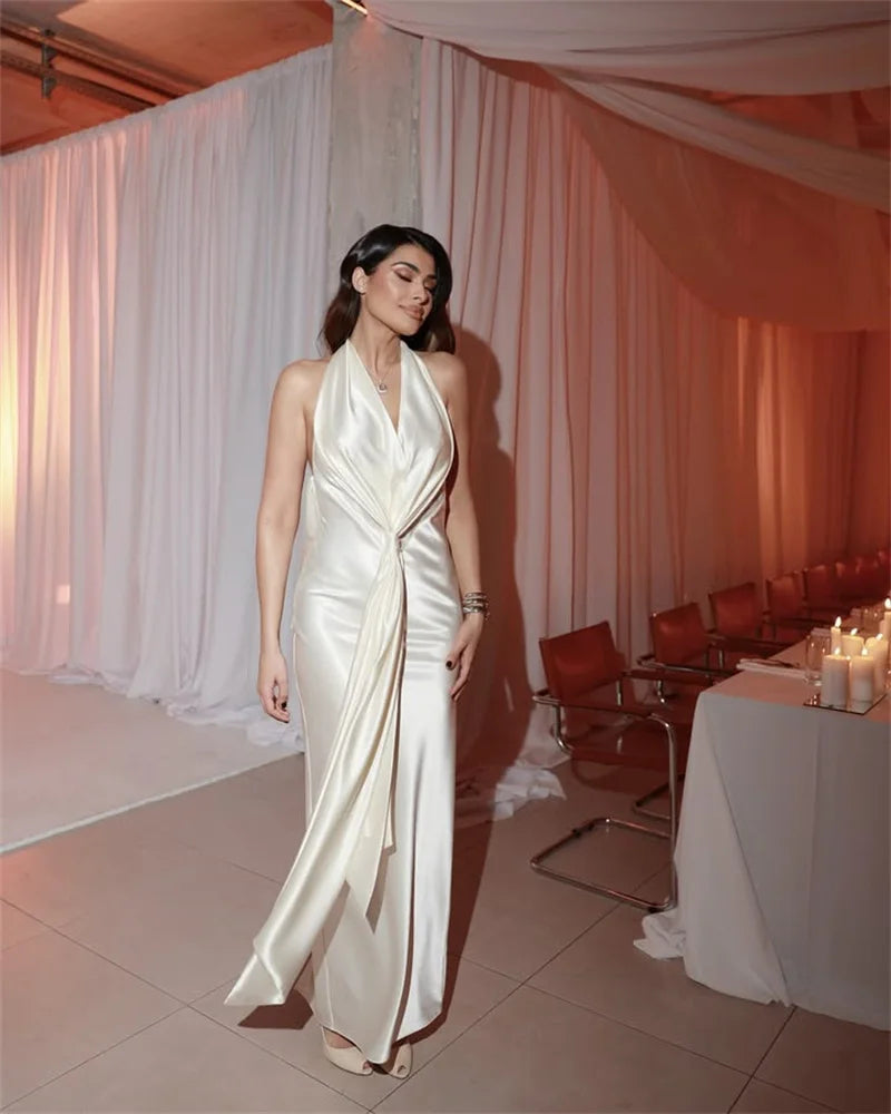 Satin Deep V Neck Backless Sexy Maxi Dress Women Elegant Halter Sleeveless Lace-up High Waist Draped Ruched Long Dress