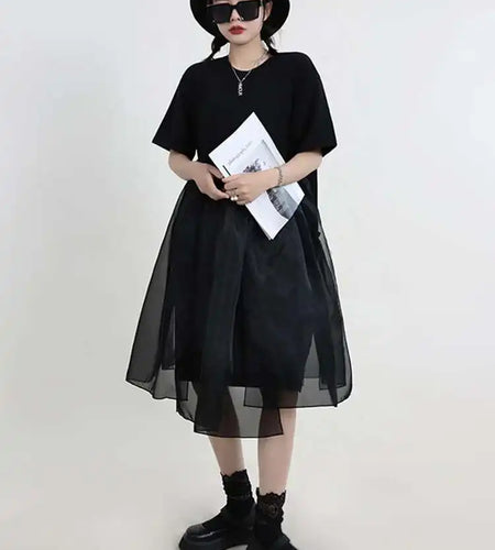 Women Black Organza Big Size Casual Dress New Round Neck Short Sleeve Loose Fit Fashion Tide Spring Summer 2025 1DF5074