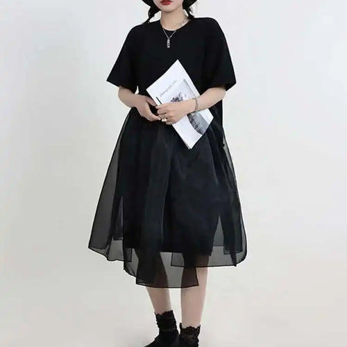 Load image into Gallery viewer, Women Black Organza Big Size Casual Dress New Round Neck Short Sleeve Loose Fit Fashion Tide Spring Summer 2025 1DF5074

