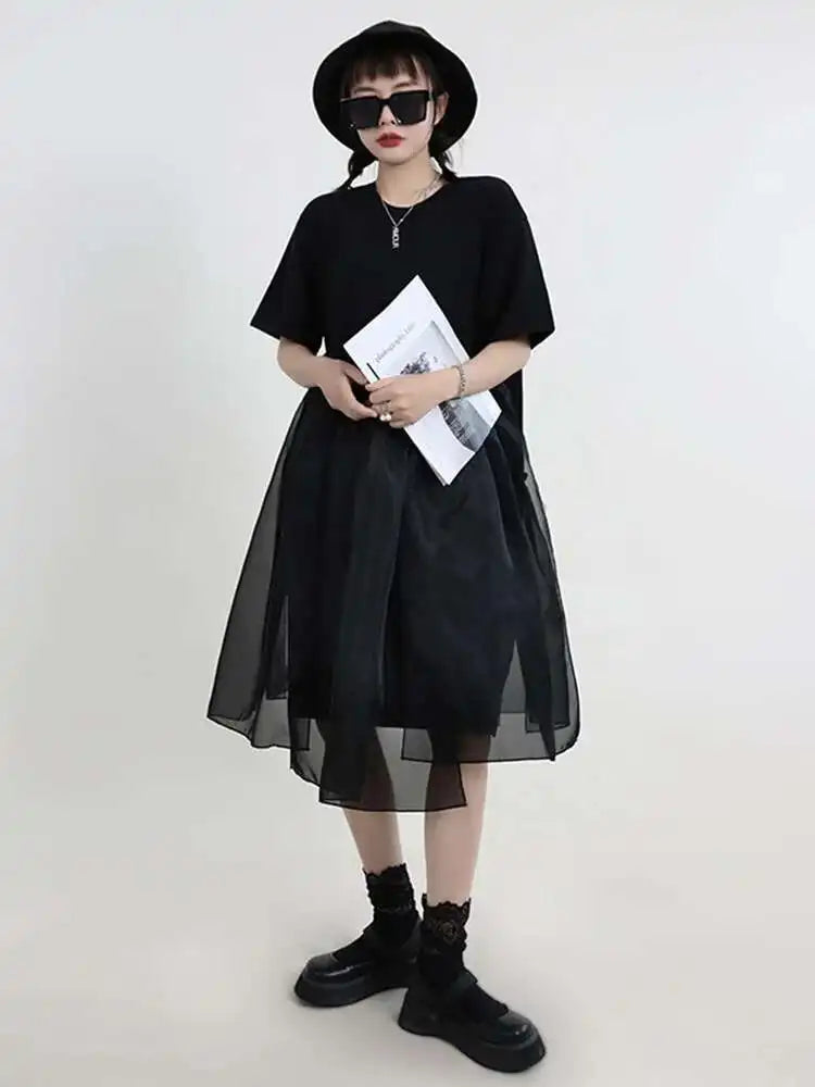 Women Black Organza Big Size Casual Dress New Round Neck Short Sleeve Loose Fit Fashion Tide Spring Summer 2025 1DF5074