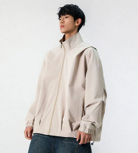 Male Hooded Jacket Solid Color Spring New High Street Drawstring Casual Zipper Tide Style Men's Jackets American 9W1241