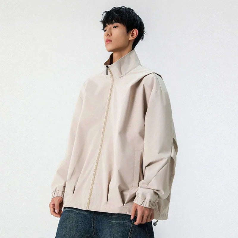 Male Hooded Jacket Solid Color Spring New High Street Drawstring Casual Zipper Tide Style Men's Jackets American 9W1241