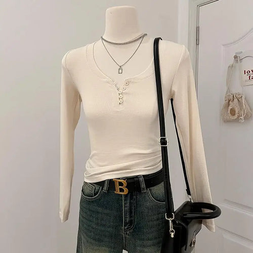 Load image into Gallery viewer, 2024 Autumn Women Gray Button Long Sleeve T Shirt Korean Style Casual Vintage Pink Slim O Neck Beige Pullover Tops Fashion Trend
