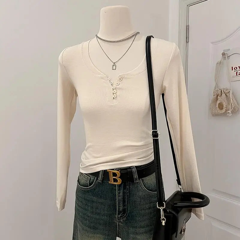 2024 Autumn Women Gray Button Long Sleeve T Shirt Korean Style Casual Vintage Pink Slim O Neck Beige Pullover Tops Fashion Trend