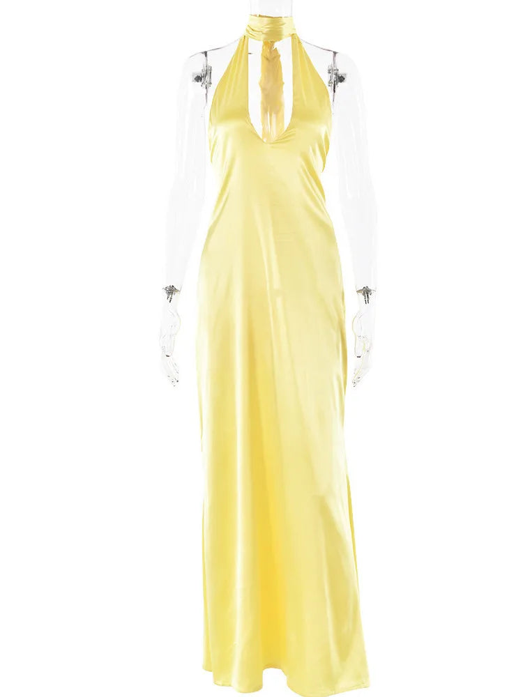 Sexy Sleeveless Satin Open Back Dress For Women Deep V Lace Up Slim Fit Evening Dress Female Elegant Party Club Vestidos