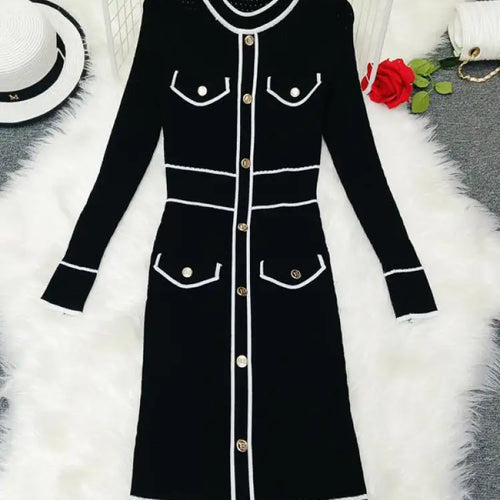 Load image into Gallery viewer, French Women Autumn Winter Patchwork Single Breasted Office Lady Sweater Dress Fashion Round Neck Festival Slim Knitting Dresses
