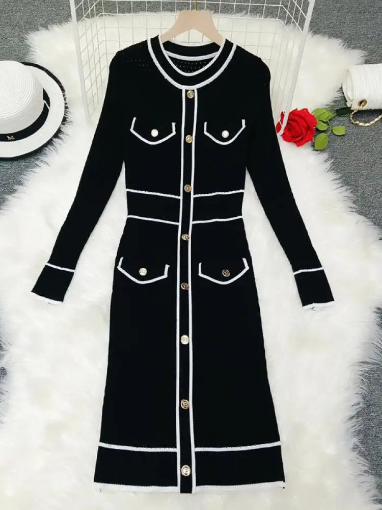 French Women Autumn Winter Patchwork Single Breasted Office Lady Sweater Dress Fashion Round Neck Festival Slim Knitting Dresses