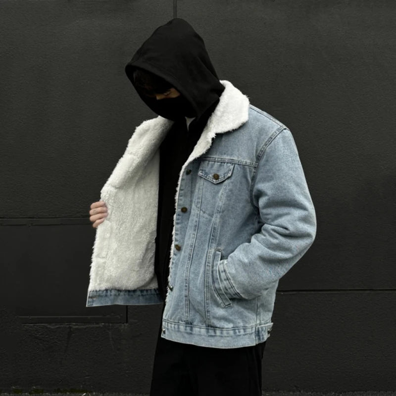 High Street Men's Denim Jacket Lamb Wool Patchwork Turn-down Collar Single Breasted Autumn Trend Cotton Male Coats 9C9085